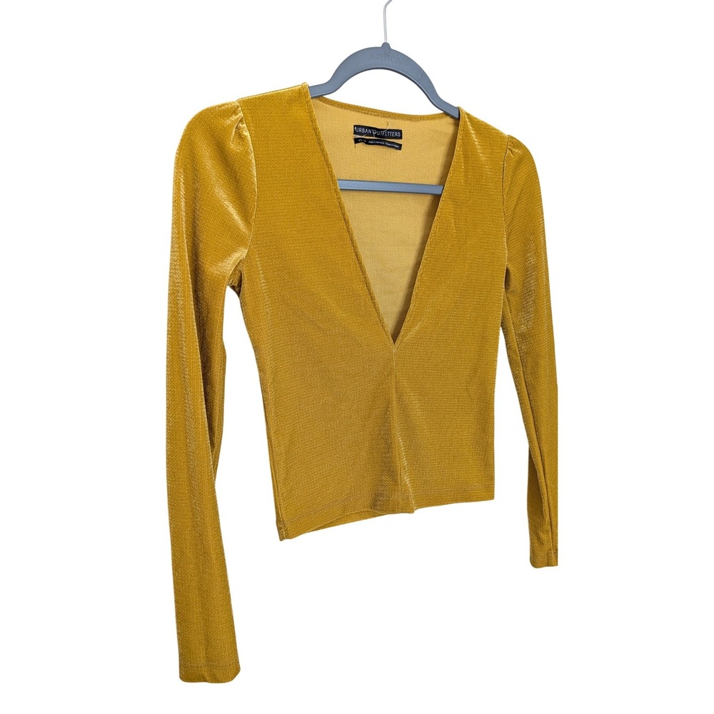 Urban Outfitters Womens Mustard Yellow Textured Velvet Deep V-Neck Top XS